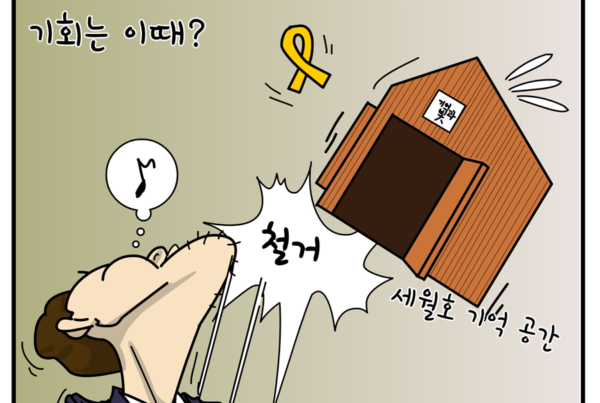 노동·정치·사람 만평 기고 2021.7.16. 글과그림 김재수. 그림 설명: "기회는 이때?" 우스꽝스러울 정도로 턱이 긴 양복을 입은 사람이 그 턱으로 세월호 기억 공간 건물을 힘껏 쳐올리며 속으로 노래를 부른다. "철거"라는 강조 말풍선과 함께 세월호 기억 공간과 노란색 세월호 리본이 날아간다. 턱으로 쳐올린 사람에겐 '5시장'이라는 꼬리표가 달려있다.